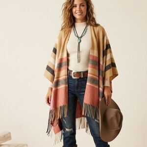 Woolrich Striped Western Fringe Open Front Neutral Stripe Poncho